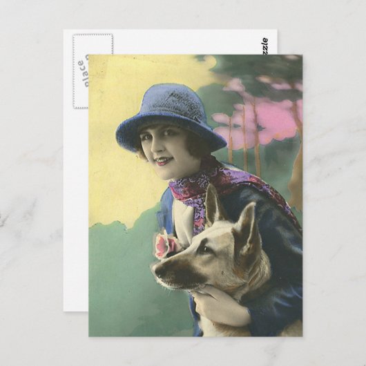  Glamour Meisje en Duitse Shepard Briefkaart (Voorkant / Achterkant)