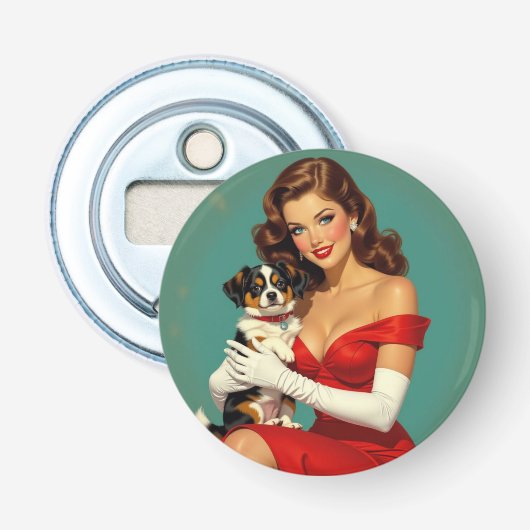 Glamour Meisje met Hond Digitale Kunst Button Flesopener (Voorkant)