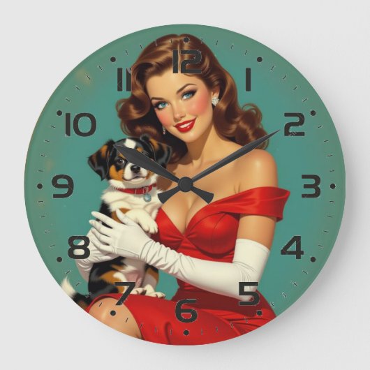 Glamour Meisje met Hond Digitale Kunst Grote Klok (Voorkant)