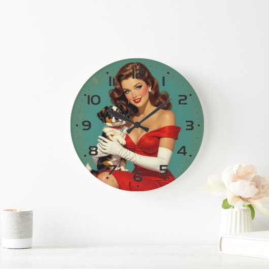 Glamour Meisje met Hond Digitale Kunst Grote Klok (Huis)