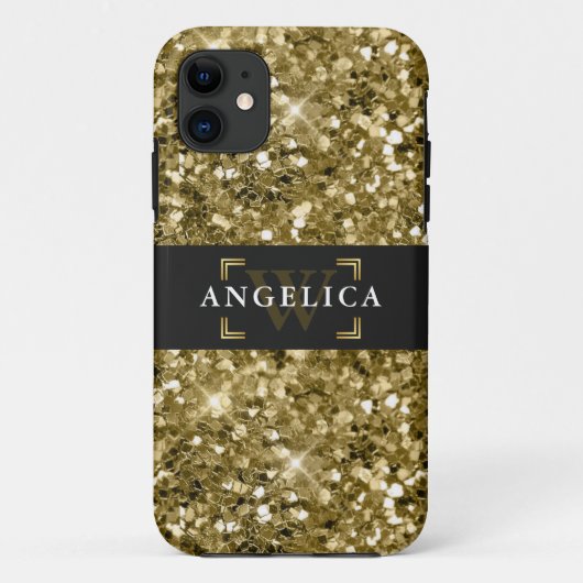 Glamour Monogrammed Sparkle Metallic Gold Case-Mate iPhone Case (Achterkant)