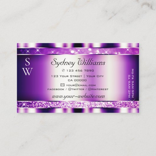 Glamour Paarse mousserende glittersterren Monogram Visitekaartje (Achterkant)
