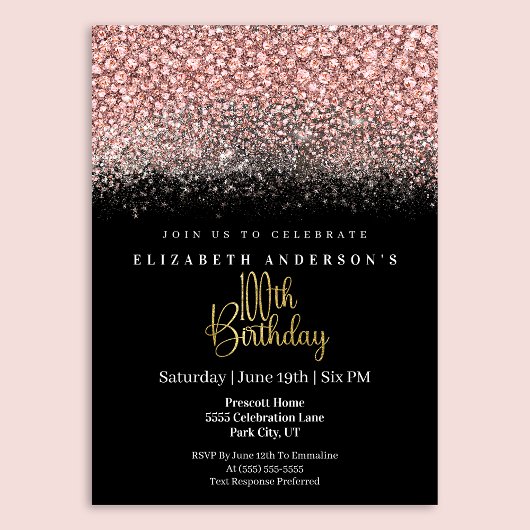 Glamour Pink Jeweled Glitter 100th Birthday Kaart