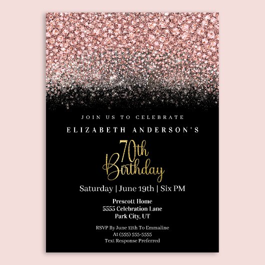 Glamour Pink Jeweled Glitter 70th Birthday Kaart