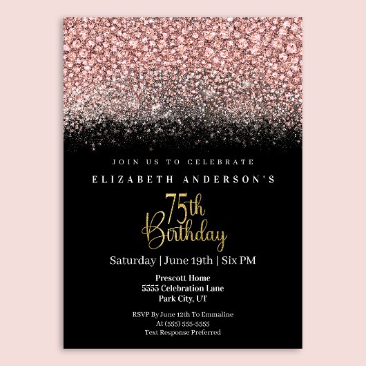 Glamour Pink Jeweled Glitter 75th Birthday Kaart