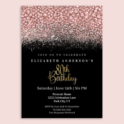 Glamour Pink Jeweled Glitter 80th Birthday Kaart