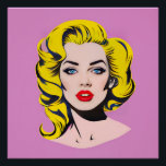 Glamour pop art perfect poster<br><div class="desc">Deze afbeelding geeft een portret weer van vrouwen in de karakteristieke popart stijl met een levendige, gelijkmatige roze achtergrond. Het onderwerp heeft een helder geel haar met gestileerde zwarte randen, waardoor een levendig grafisch effect ontstaat. De make-up is dramatisch, met lippen met een glanzend rood, intense blauwe ogen met lange...</div>