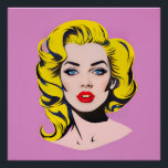 Glamour pop art perfect poster<br><div class="desc">Deze afbeelding geeft een portret weer van vrouwen in de karakteristieke popart stijl met een levendige, gelijkmatige roze achtergrond. Het onderwerp heeft een helder geel haar met gestileerde zwarte randen, waardoor een levendig grafisch effect ontstaat. De make-up is dramatisch, met lippen met een glanzend rood, intense blauwe ogen met lange...</div>