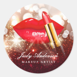 Glamour Red Lips Gold Glitter Sparkle Makeup Artis Ronde Sticker