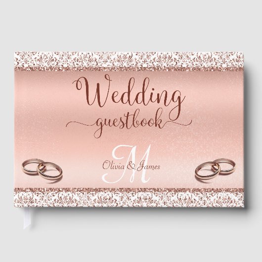 Glamour Roos Gold Damask Metallic Wedding Gastenboek (Voorkant)