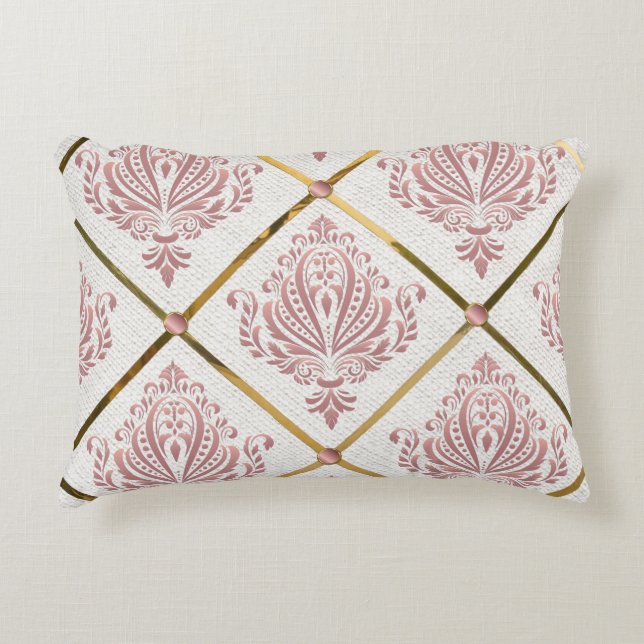  Glamour Roos Mauve Damask op wit linnen Accent Kussen (Voorkant)