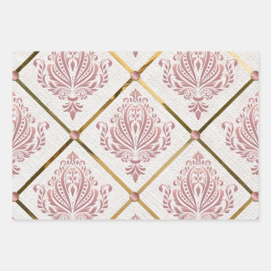 Glamour Roos Mauve Damask op wit linnen Inpakpapier Vel (Voorkant 3)