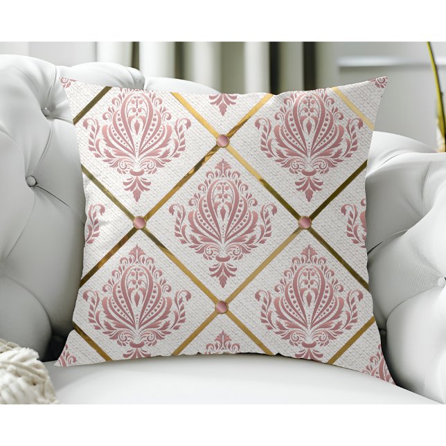  Glamour Roos Mauve Damask op wit linnen Kussen (Creator heeft geüpload)