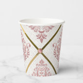 Glamour Roos Mauve Damask op wit linnen Papieren Bekers (Achterkant)