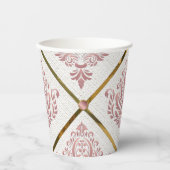  Glamour Roos Mauve Damask op wit linnen Papieren Bekers (Voorkant)