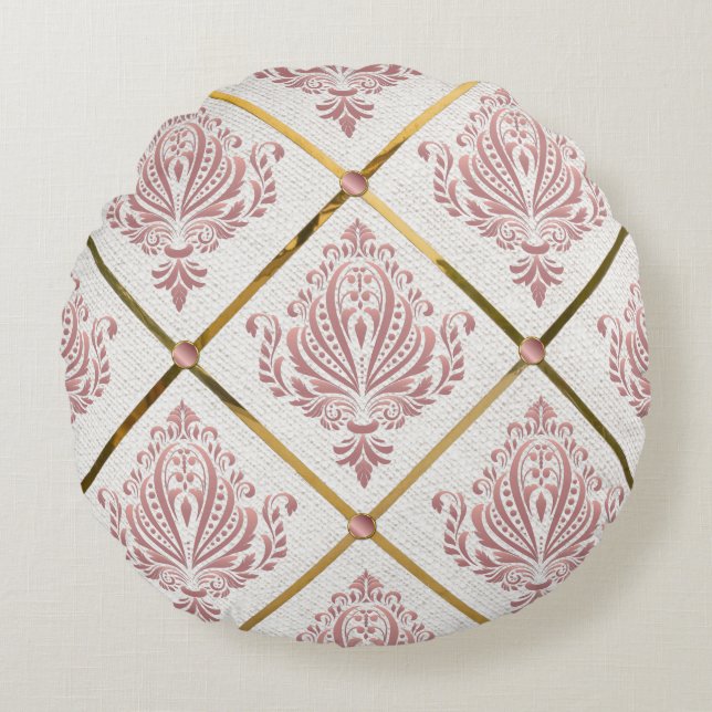  Glamour Roos Mauve Damask op wit linnen Rond Kussen (Voorkant)