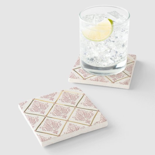  Glamour Roos Mauve Damask op wit linnen Stenen Onderzetter (Zijkant)