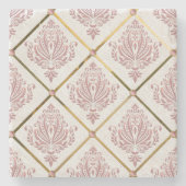  Glamour Roos Mauve Damask op wit linnen Stenen Onderzetter (Voorkant)