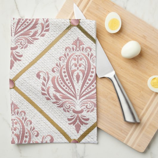  Glamour Roos Mauve Damask op wit linnen Theedoek (Quarter Fold)