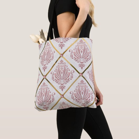 Glamour Roos Mauve Damask op wit linnen Tote Bag (Dichtbij)