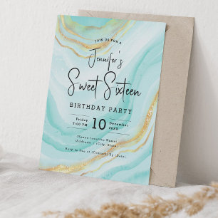 Glamour Turquoise Marmer Glitter Sweet 16 Feestje Kaart