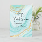 Glamour Turquoise Marmer Glitter Sweet 16 Feestje Kaart (Staand voorkant)