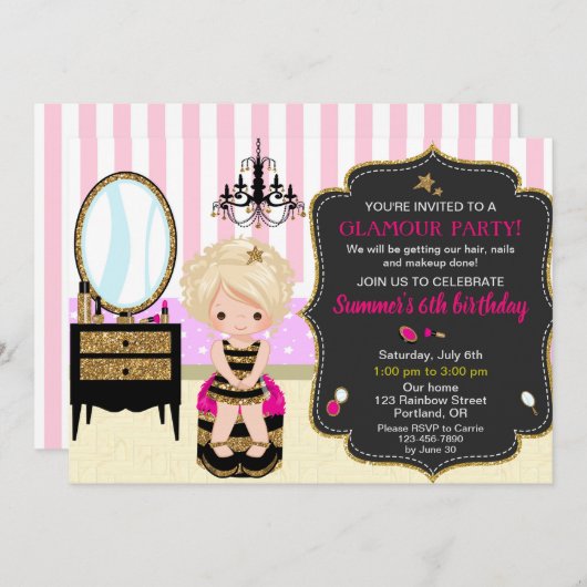 Glamour verjaardagsuitnodiging Makeup manicures pa Kaart (Voorkant / Achterkant)