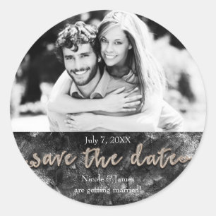 Glamour Zwart & Goud Chic Bewaar De Datum Foto Ronde Sticker