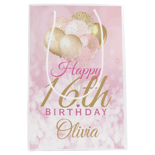 Glamoureus 16th Birthday Balloon Medium Cadeauzakje (Voorkant)