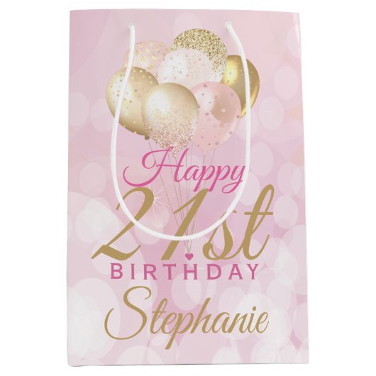 Glamoureus 21ste Birthday-ballon Medium Cadeauzakje (Voorkant)