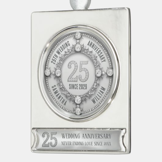 Glamoureus 25e bruiloft Jubileum Verzilverd Banner Ornament (Links)