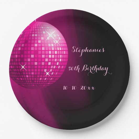Glamoureus 50th Birthday Hot Pink Party Disco Ball Papieren Bordje (Voorkant)