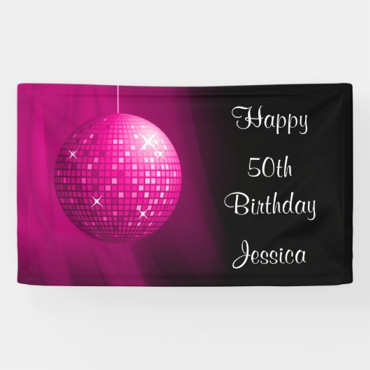 Glamoureus 50th Birthday Pink Party Disco Ball Spandoek (Horizontaal)