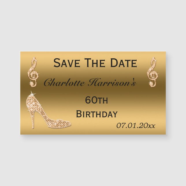 Glamoureus 60th Save the Date Gold Stiletto (Voorkant)