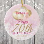 Glamoureus 70th Birthday Balloon<br><div class="desc">Een prachtig glamoureus 70ste verjaardag ornament. Dit geweldige ontwerp is voorzien van wazige roze en gouden glitterballonnen op een roos roze dunne achtergrond. personaliseer je met een naam om iemand een heel gelukkige zeventigste verjaardag te wensen.</div>