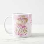 Glamoureus 80th Birthday Balloon Koffiemok<br><div class="desc">Een prachtige glamoureuze 80ste verjaardag mok. Dit geweldige ontwerp is voorzien van wazige roze en gouden glitterballonnen op een roos roze dunne achtergrond. Personaliseer je met een naam om iemand een heel gelukkige tachtigjarige te wensen.</div>