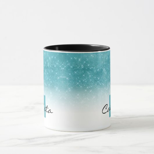 Glamoureus Aqua Blue Glitter Sequin Ombre Monogram Mok (Midden)