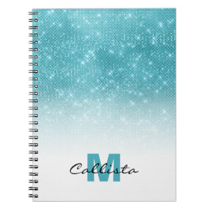Glamoureus Aqua Blue Glitter Sequin Ombre Monogram Notitieboek