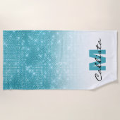 Glamoureus Aqua Blue Glitter Sequin Ombre Monogram Strandlaken (Voorkant)