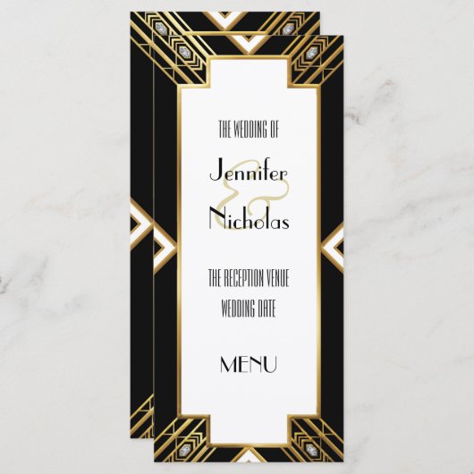 Glamoureus Art Deco Geometrisch Bruiloft Menu (Voorkant / Achterkant)
