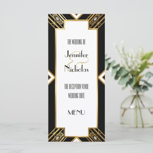Glamoureus Art Deco Geometrisch Bruiloft Menu (Staand voorkant)