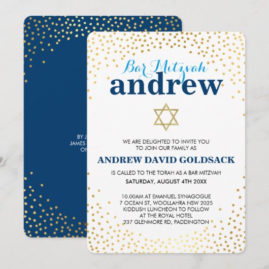GLAMOUREUS BAR MITZVAH rustiek goud confetti blauw Kaart (Voorkant / Achterkant)
