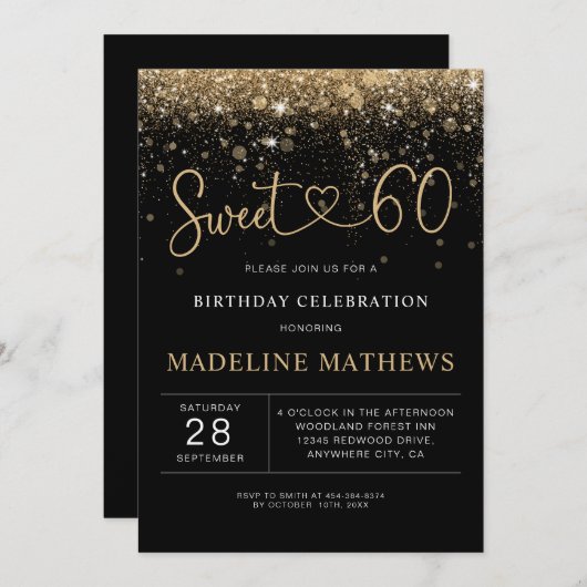 Glamoureus Black en Gold Heart Sweet 60-jarig I Kaart (Voorkant / Achterkant)