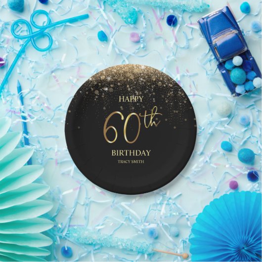 Glamoureus Black Gold Glitter 60th Birthday Paper  Papieren Bordje (Feest)