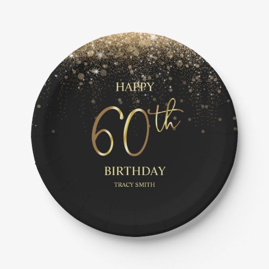 Glamoureus Black Gold Glitter 60th Birthday Paper  Papieren Bordje (Voorkant)