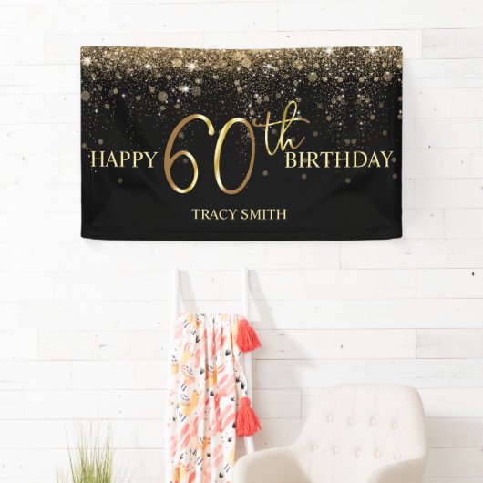 Glamoureus Black Gold Glitter 60th Birthday Spandoek (Insitu)