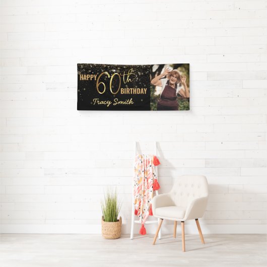 Glamoureus Black Gold Glitter 60th Photo Birthday Spandoek (Insitu)