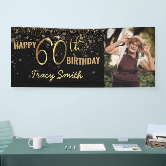 Glamoureus Black Gold Glitter 60th Photo Birthday Spandoek (Beurs)