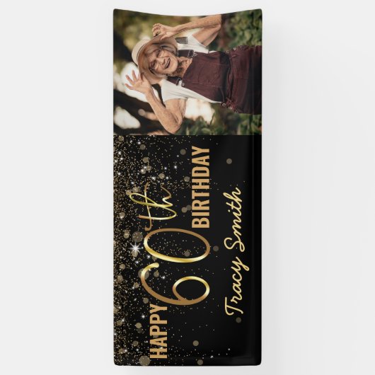 Glamoureus Black Gold Glitter 60th Photo Birthday Spandoek (Verticaal)
