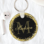 Glamoureus Black Gold Glitter Monogram Naam Sleutelhanger<br><div class="desc">Pas deze luxe glazen goudglitter sleutelhanger eenvoudig aan met uw eigen naam en monogram.</div>